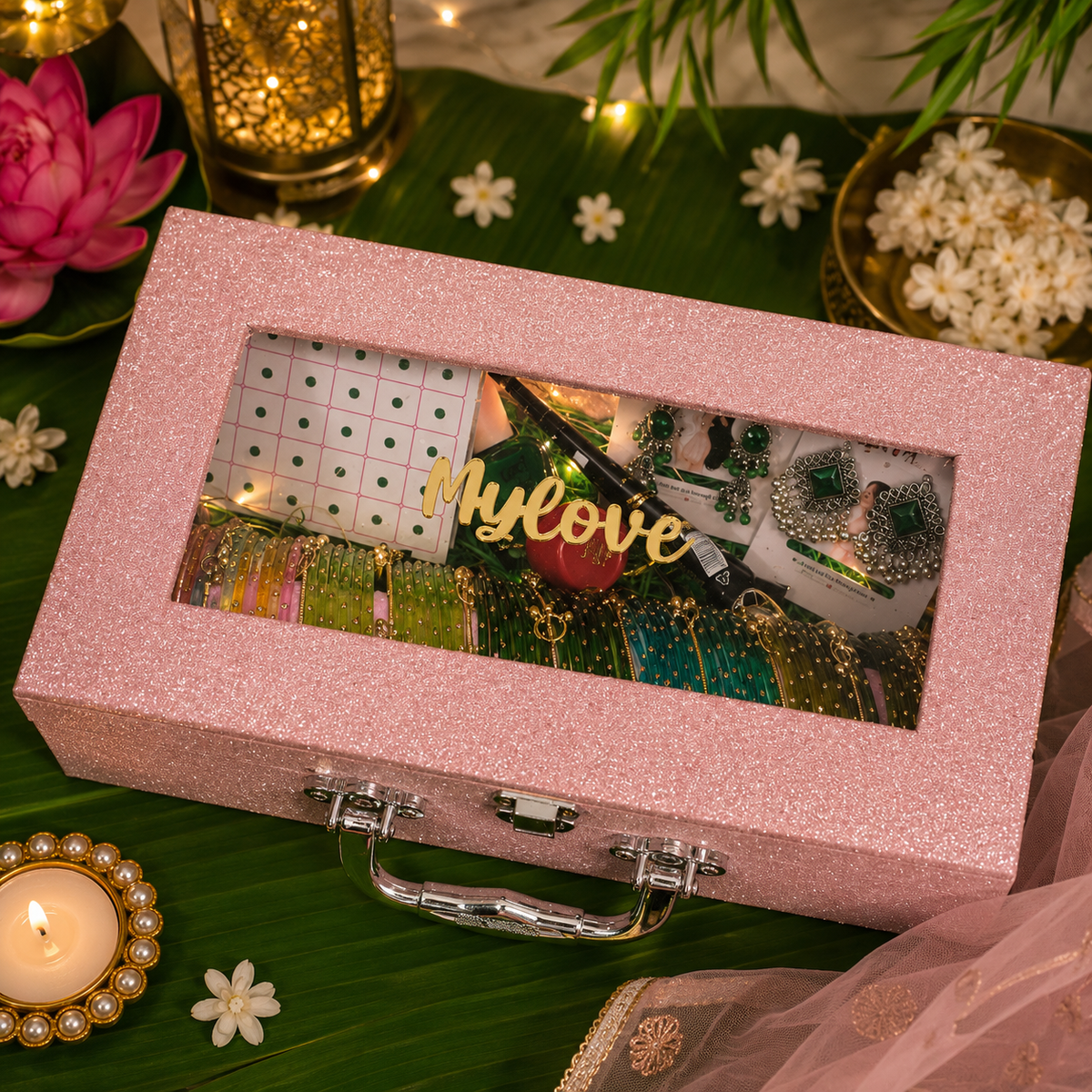 Sawan Special Premium Hamper With Name ( 60 diamond bangles + 11 Ghungroo Bangles + Bindi + Mehndi + Nail Paint + 2 jhumka + Sindur + Light )