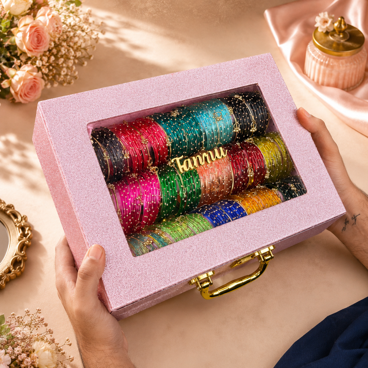 Premium Bangle Box With Name (180 Bangles + 33 Ghungroo Bangles + Light)