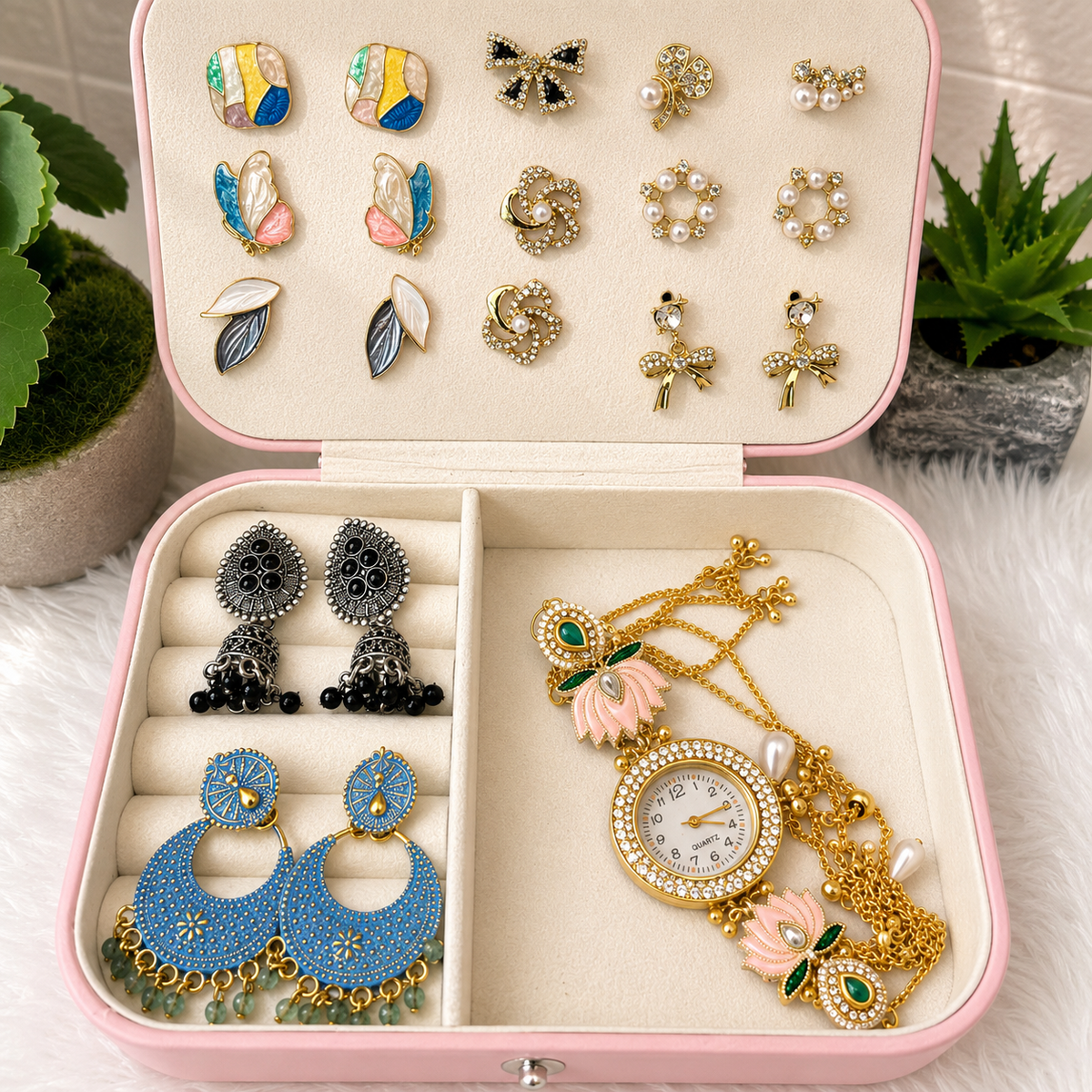 All In One Jewellery Mystery Box With Photo ( 10 set Korean Earrings + 2 set Oxidise Jhumke + 1 Kashmiri Watch + 3 Anti Tranish Necklace + 1 Bracelet )