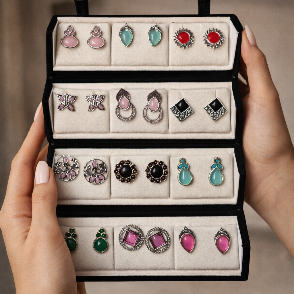 Set Of 12 Oxidized Stud Earrings With Premium Jewelry Box