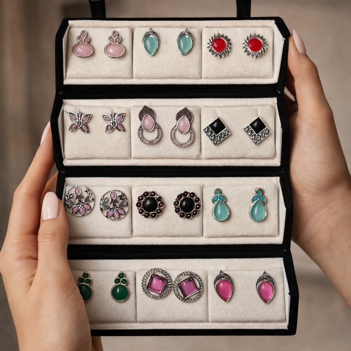 Set Of 12 Oxidized Stud Earrings With Premium Jewelry Box