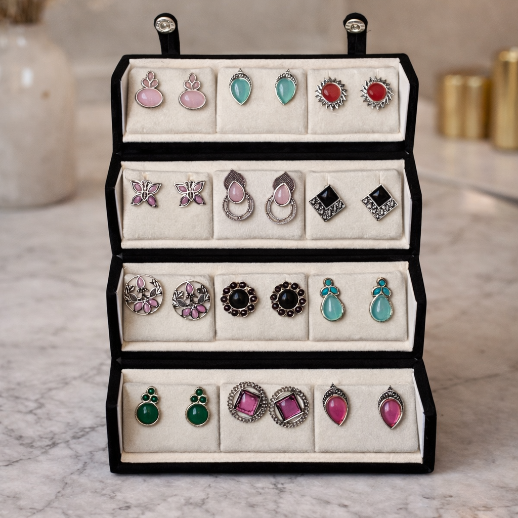 Set Of 12 Oxidized Stud Earrings With Premium Jewelry Box