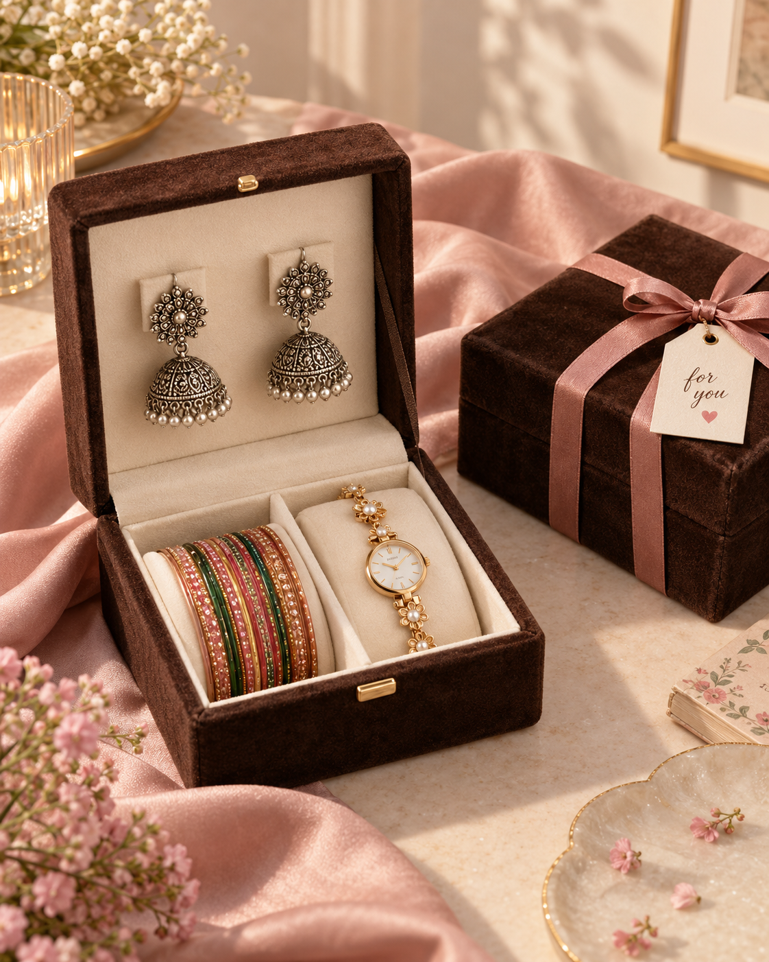 Jewellery gift boxes with jhumkas, colourful bangles and a floral watch on blush satin
