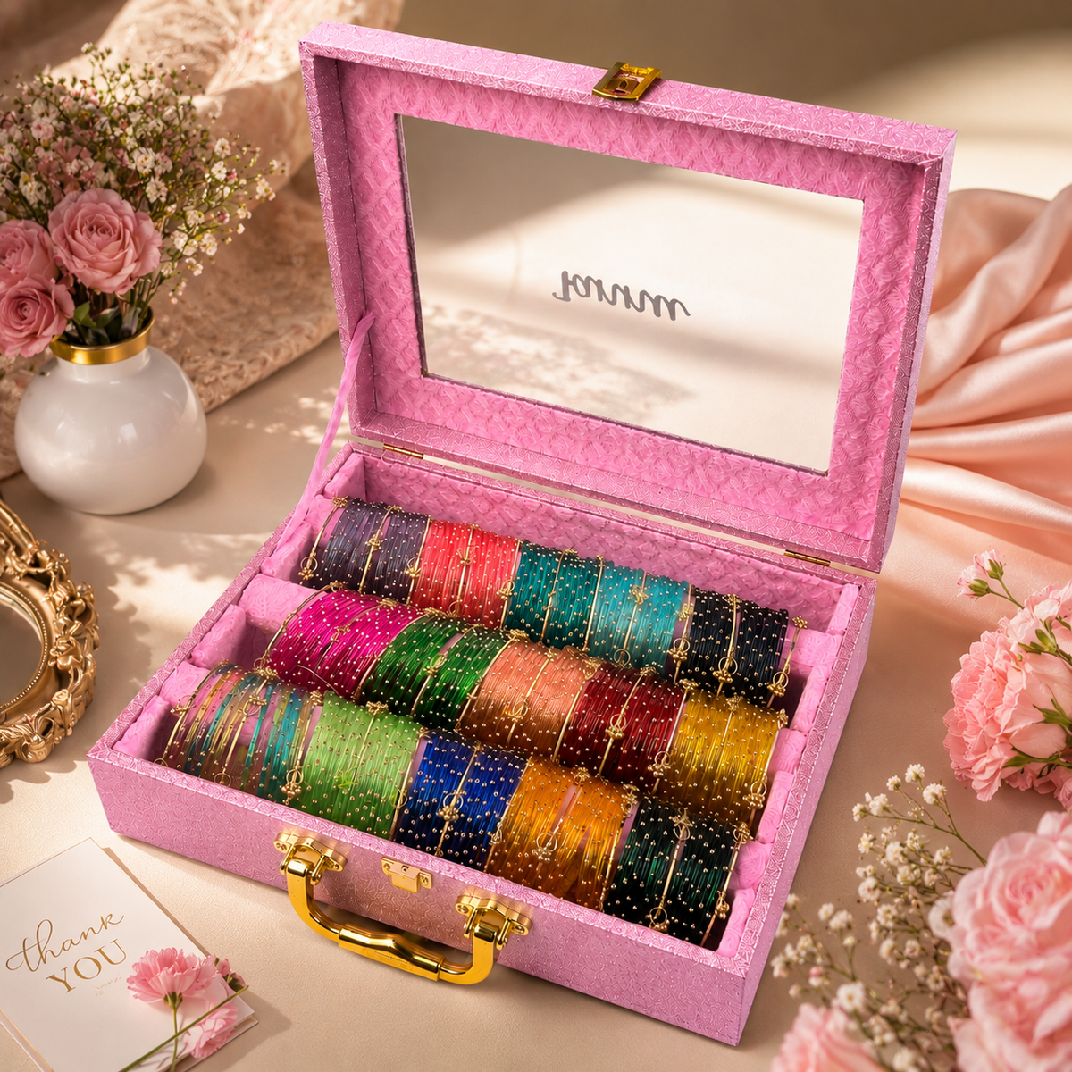 Premium  Bangle  Box With Name (180 Bangles + 33 Ghungroo Bangles + Light)